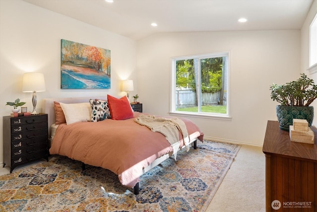 carpeted bedroom featuring vaulted ceiling, recessed lighting, and baseboards