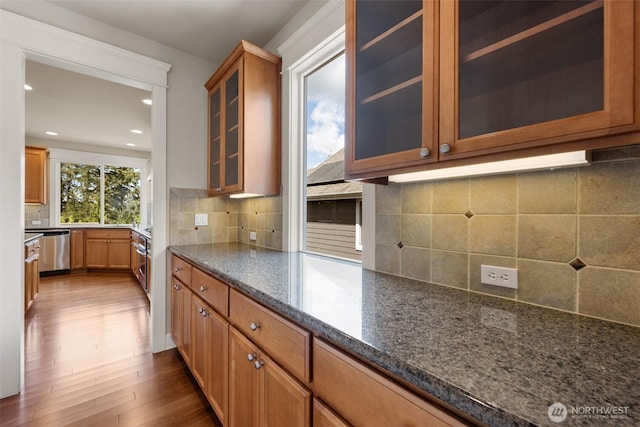 kitchen featuring tasteful backsplash, dark stone counters, dark wood-style floors, and dishwasher
