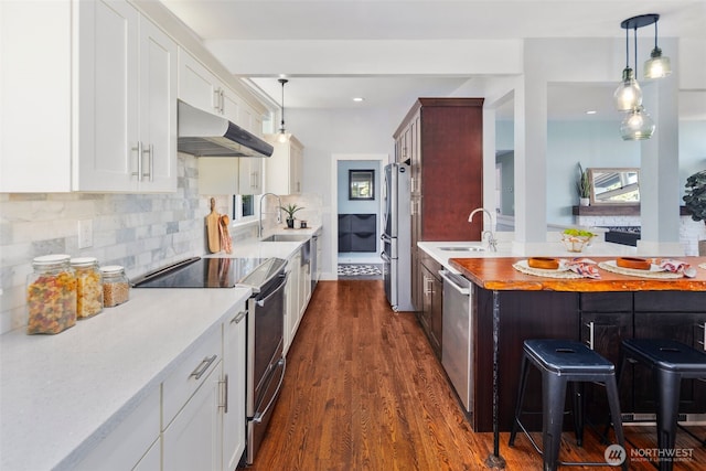 kitchen featuring stainless steel appliances, under cabinet range hood, a sink, dark wood-style flooring, and a kitchen breakfast bar