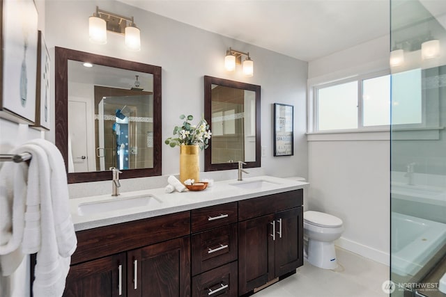 bathroom with a shower with shower door, double vanity, toilet, tile patterned floors, and a tub