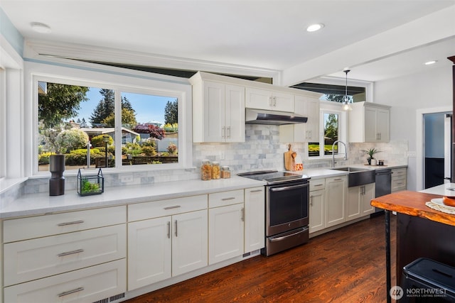 kitchen featuring stainless steel electric range oven, a sink, under cabinet range hood, tasteful backsplash, and dark wood finished floors