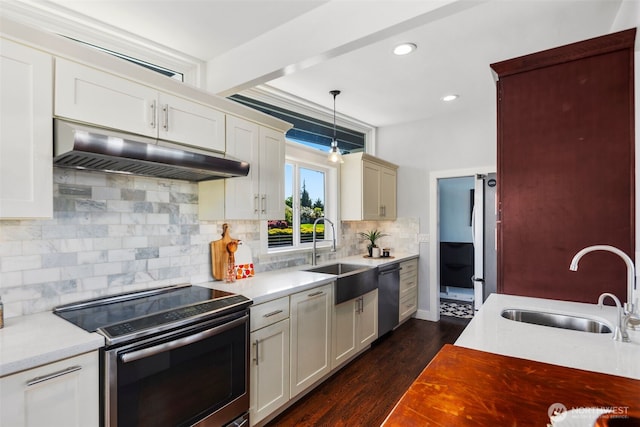 kitchen featuring stainless steel appliances, under cabinet range hood, a sink, dark wood finished floors, and recessed lighting