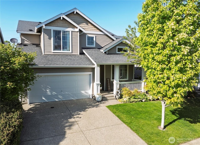 craftsman inspired home featuring a porch, roof with shingles, concrete driveway, an attached garage, and a front yard