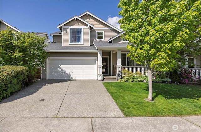 craftsman-style house with concrete driveway, a front lawn, roof with shingles, covered porch, and a garage