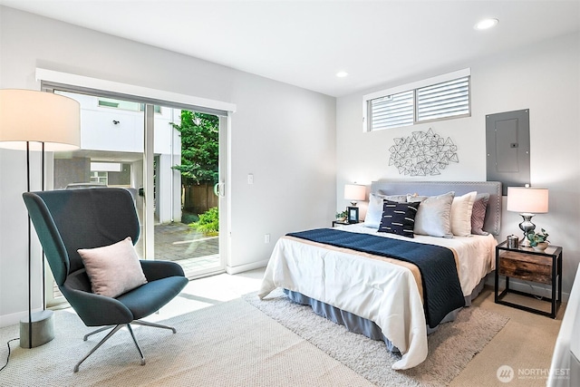 1709 NW 64th St, Seattle, WA 98107 - bedroom featuring light carpet, access to outside, multiple windows, electric panel, and recessed lighting