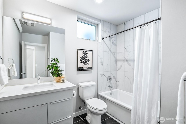 1709 NW 64th St, Seattle, WA 98107 - bathroom featuring shower / tub combo, toilet, vanity, baseboards, and tile patterned flooring