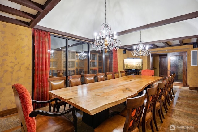 1920 4th Ave Unit 502, Seattle, WA 98101 - dining area with a chandelier, baseboards, beamed ceiling, and wallpapered walls