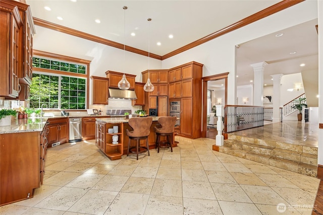 8380 SE 43rd St, Mercer Island, WA 98040 - kitchen with brown cabinets, open shelves, under cabinet range hood, crown molding, and a high ceiling