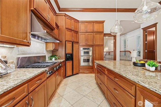 8380 SE 43rd St, Mercer Island, WA 98040 - kitchen featuring brown cabinets, backsplash, under cabinet range hood, appliances with stainless steel finishes, and ornamental molding