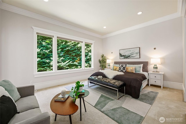 8380 SE 43rd St, Mercer Island, WA 98040 - bedroom with light carpet, baseboards, ornamental molding, and recessed lighting