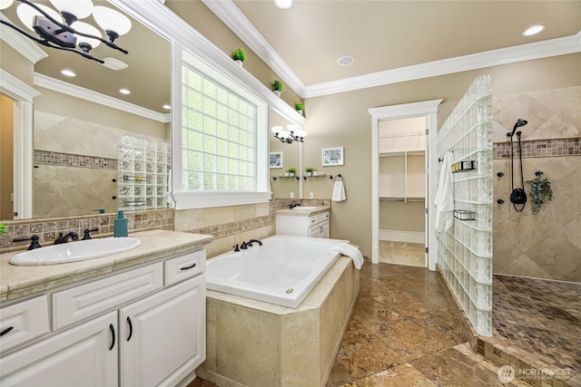 8380 SE 43rd St, Mercer Island, WA 98040 - bathroom with a sink, ornamental molding, walk in shower, and a bath