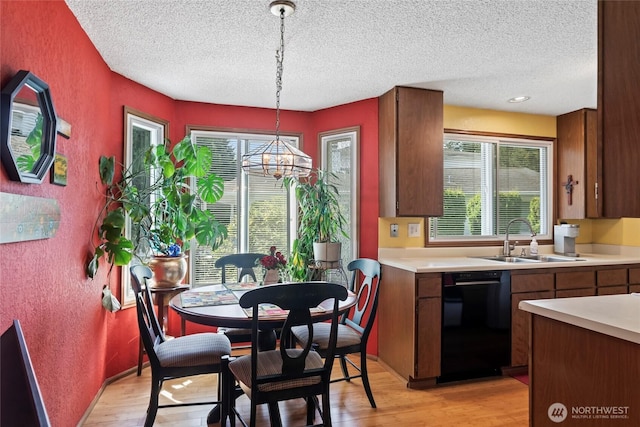 kitchen featuring black dishwasher, a sink, a textured ceiling, light countertops, and light wood-style floors