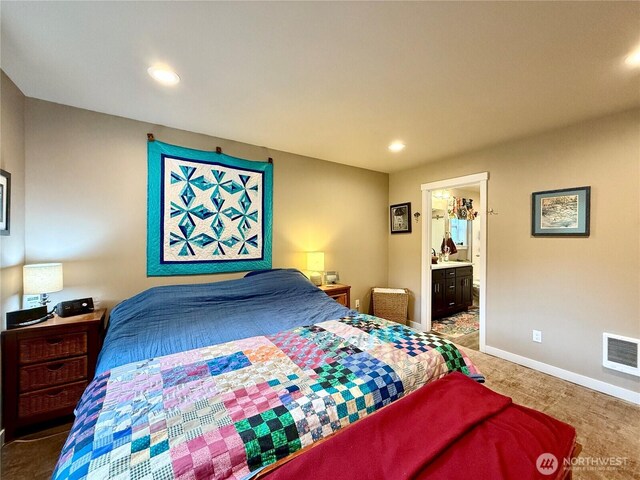 735 Dover Ct SE, Ocean Shores, WA 98569 - bedroom with carpet floors, baseboards, recessed lighting, and ensuite bath