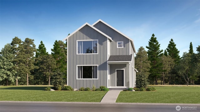 modern farmhouse with board and batten siding and a front lawn