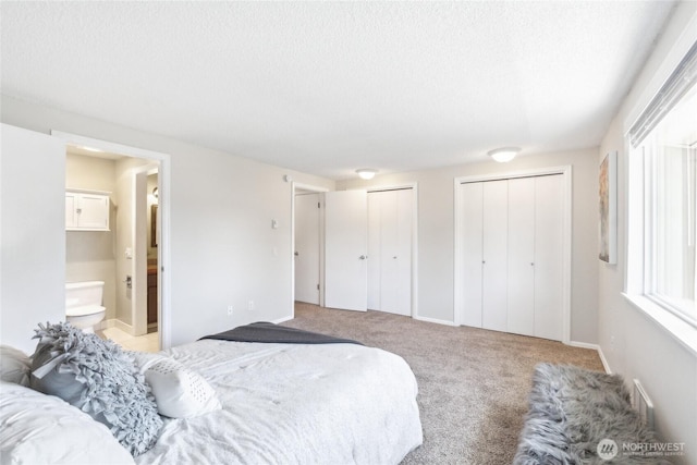 18530 52nd Ave W Unit D2, Lynnwood, WA 98037 - bedroom with two closets, a textured ceiling, ensuite bathroom, and carpet floors