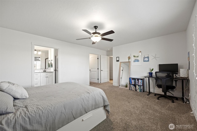 3504 Kathren Ln, Pasco, WA 99301 - bedroom featuring carpet flooring, an office area, baseboards, a ceiling fan, and ensuite bathroom
