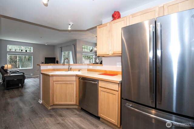 kitchen featuring stainless steel appliances, light brown cabinets, a sink, and open floor plan