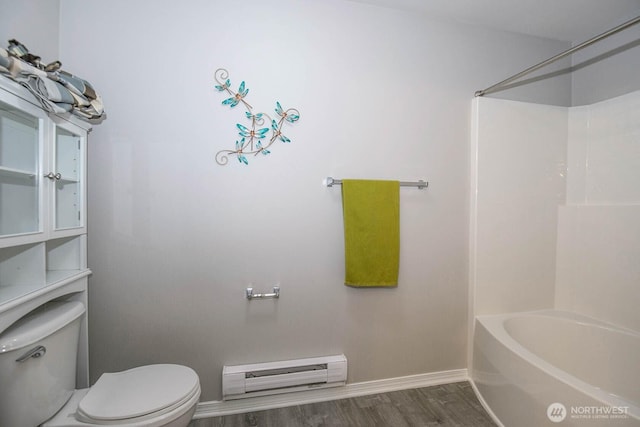 full bath featuring a baseboard radiator, toilet, wood finished floors, and baseboards