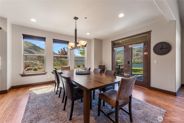 31 S Shore Dr, Orondo, WA 98843 - dining room with french doors, baseboards, a chandelier, light wood-style floors, and recessed lighting