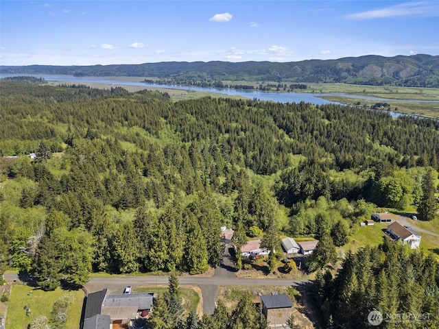 aerial view of property and surrounding area with a forest and a water and mountain view