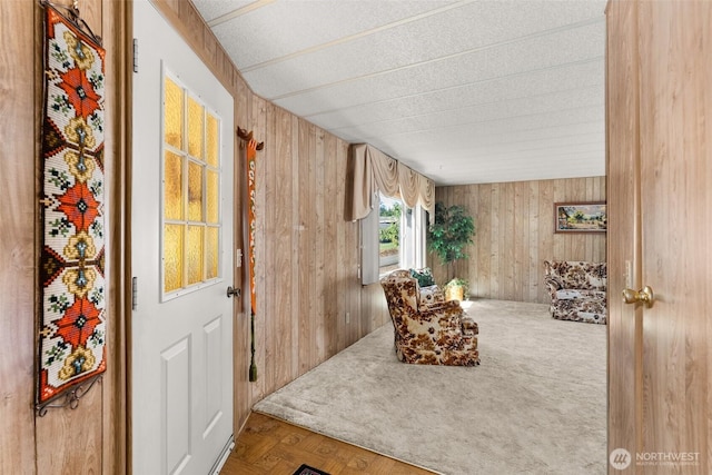 living area with wooden walls