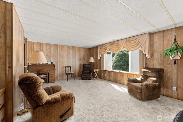 living area featuring wood walls, carpet, and a textured ceiling
