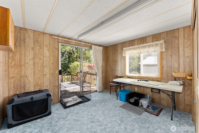 carpeted office featuring wood walls and a textured ceiling