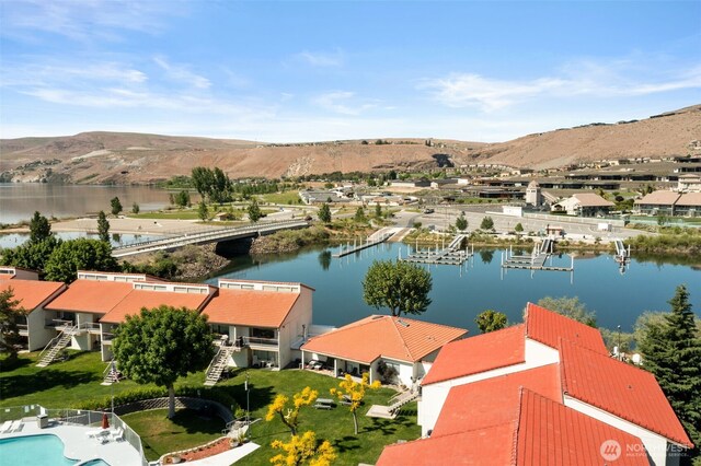 aerial view of a water and mountain view