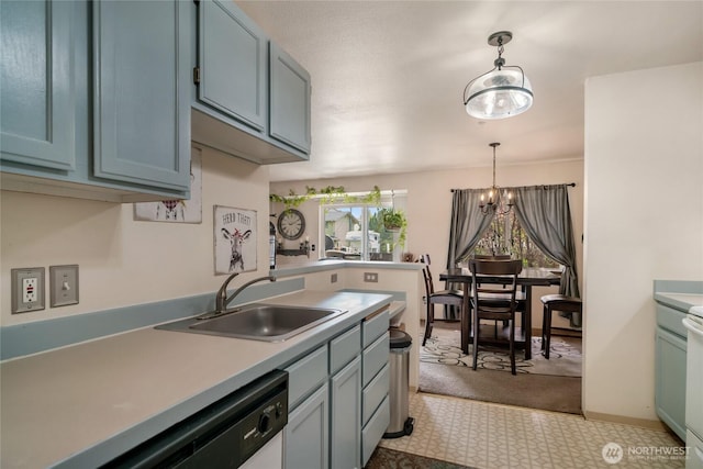 kitchen with dishwasher, hanging light fixtures, a sink, a chandelier, and light countertops