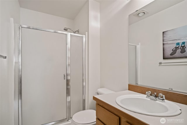 full bathroom featuring vanity, toilet, and a shower stall