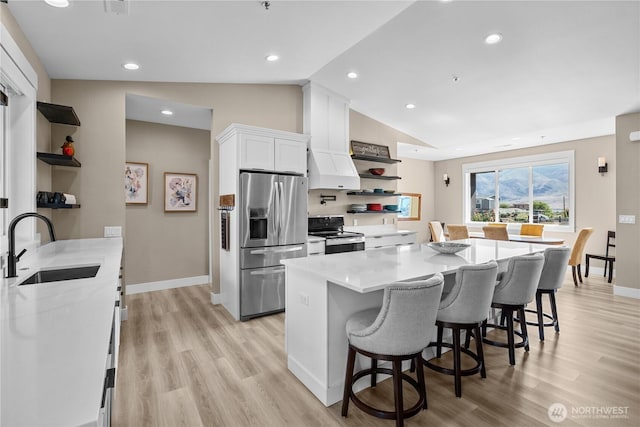 419 Edgewater Way SW, Mattawa, WA 99349 - kitchen featuring open shelves, appliances with stainless steel finishes, a sink, vaulted ceiling, and white cabinets
