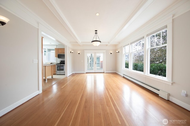703 18th Ave S, Seattle, WA 98144 - unfurnished living room featuring light wood finished floors, french doors, a baseboard heating unit, baseboards, and ornamental molding