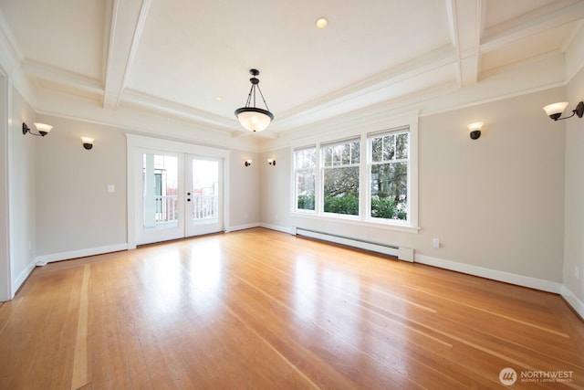 703 18th Ave S, Seattle, WA 98144 - unfurnished living room featuring a baseboard heating unit, beam ceiling, coffered ceiling, light wood-type flooring, and baseboards