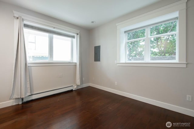 703 18th Ave S, Seattle, WA 98144 - unfurnished room with a baseboard radiator, baseboards, electric panel, and dark wood-type flooring