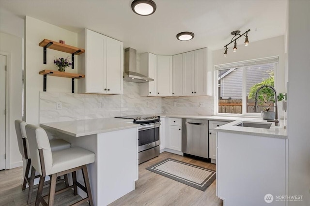 16886 Wales St SE, Monroe, WA 98272 - kitchen featuring stainless steel appliances, wall chimney range hood, open shelves, a sink, and a peninsula