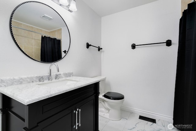 15221 42nd Ave E, Tacoma, WA 98446 - bathroom featuring marble finish flooring, baseboards, vanity, toilet, and a shower with curtain