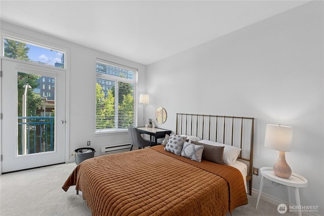 bedroom with carpet flooring, access to outside, baseboard heating, and baseboards
