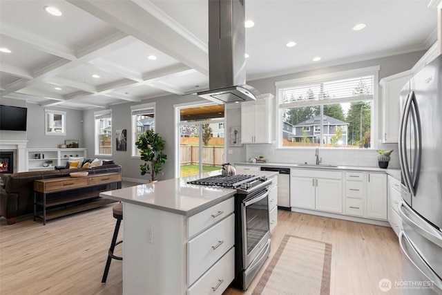 kitchen with appliances with stainless steel finishes, a sink, island exhaust hood, decorative backsplash, and beam ceiling