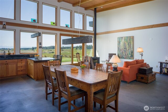 5621 Fisherman Bay Rd, Lopez Island, WA 98261 - dining room with a high ceiling, beam ceiling, and wooden ceiling