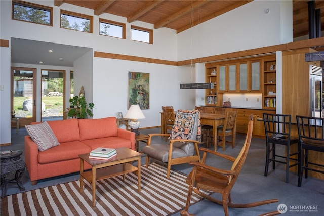 5621 Fisherman Bay Rd, Lopez Island, WA 98261 - living area with high vaulted ceiling, wood ceiling, and beamed ceiling