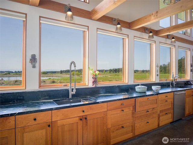5621 Fisherman Bay Rd, Lopez Island, WA 98261 - kitchen with a sink, dishwasher, healthy amount of natural light, and beam ceiling