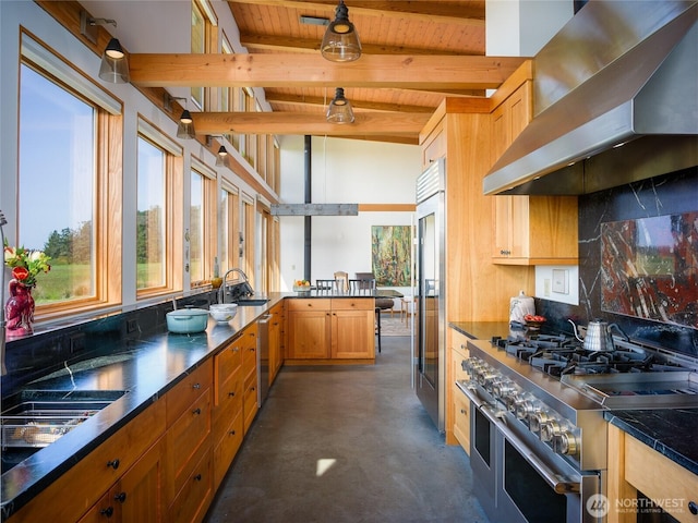 5621 Fisherman Bay Rd, Lopez Island, WA 98261 - kitchen with high quality appliances, wall chimney range hood, finished concrete flooring, beam ceiling, and dark countertops