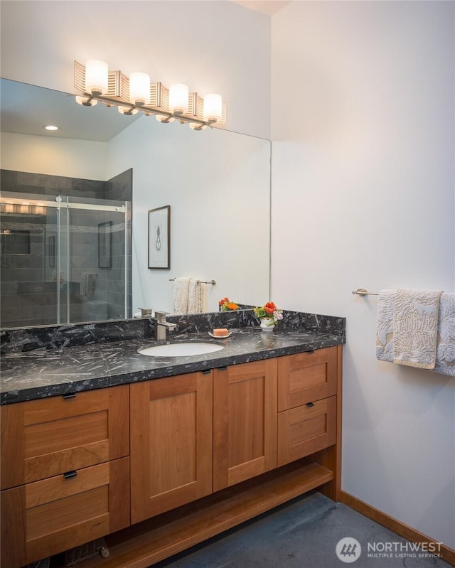 5621 Fisherman Bay Rd, Lopez Island, WA 98261 - bathroom featuring a stall shower and vanity