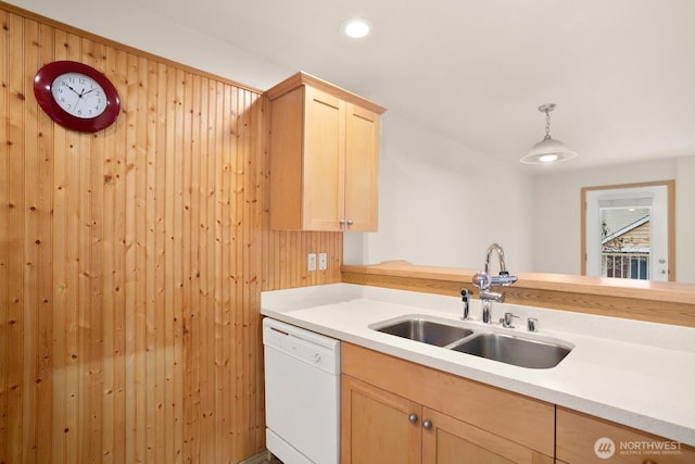 1140 N 92nd Unit B, Seattle, WA 98103 - kitchen with dishwasher, a sink, light brown cabinets, light countertops, and wooden walls