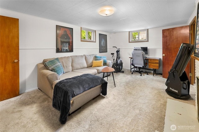 living area featuring plenty of natural light and carpet flooring