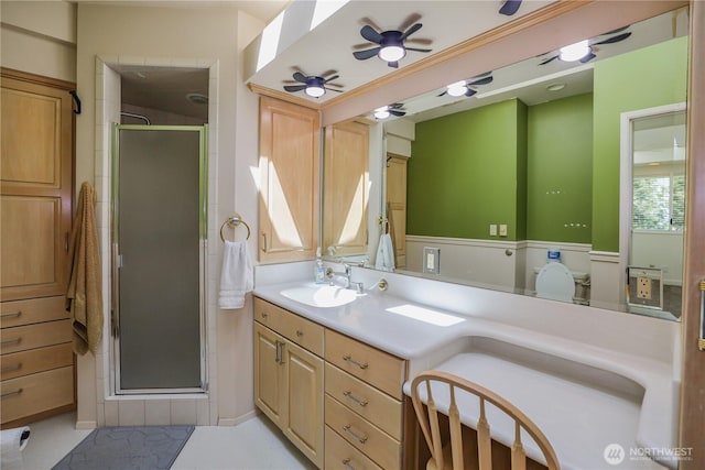 1234 Friedlander Dr, Aberdeen, WA 98520 - bathroom featuring a shower stall, vanity, ceiling fan, and toilet