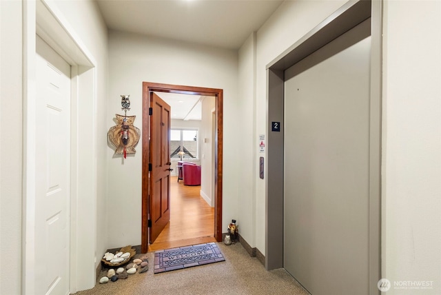 1215 Lawrence St Unit 201, Port Townsend, WA 98368 - hall with elevator, light carpet, and baseboards