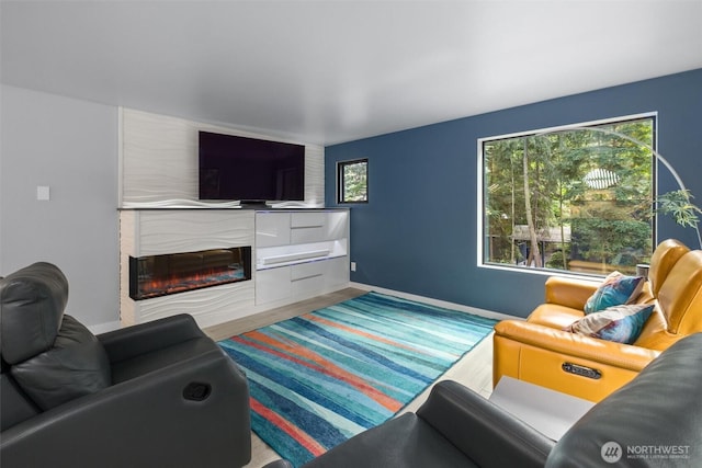 living area featuring baseboards, wood finished floors, and a glass covered fireplace