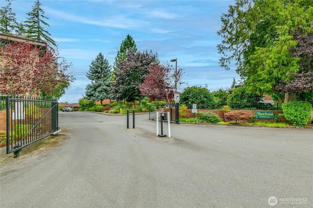 view of asphalt road featuring a gate