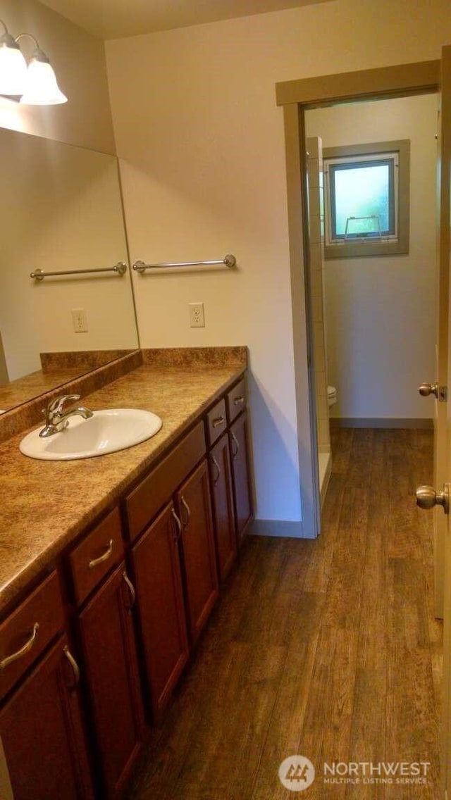 bathroom featuring vanity, baseboards, and wood finished floors